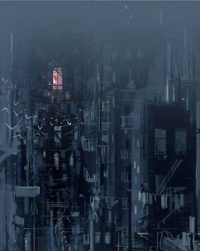 Digital artwork showcasing an everyday urban scene transformed into something quietly extraordinary with subtle light and birds.