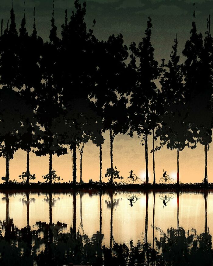 Silhouettes of two bicyclists riding along a tree-lined path reflected in calm water, showcasing quietly extraordinary art.