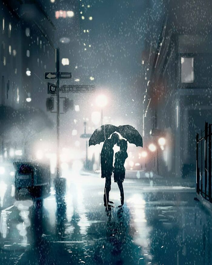 Silhouettes of a couple sharing an umbrella on a rainy city street, capturing everyday scenes transformed quietly extraordinary.