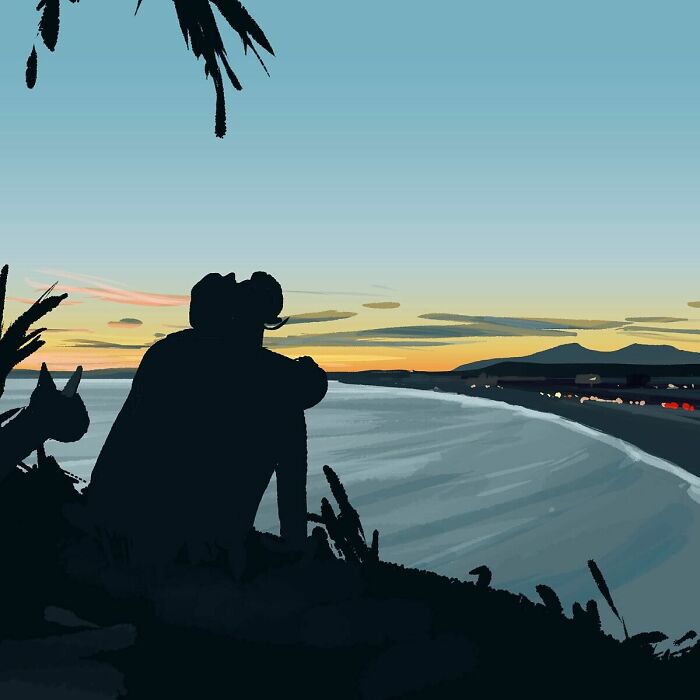 Silhouetted figures and a dog overlooking a coastal sunset, showcasing the artist transforming the everyday into quiet beauty.