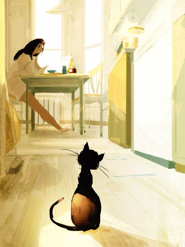 Digital art showing a woman at a table and a cat in the foreground, transforming the everyday into something quietly extraordinary.