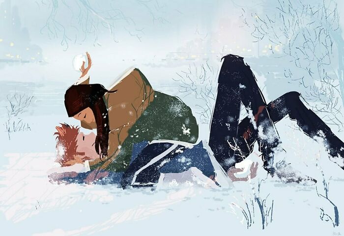 Couple playing in snow in an artistic winter scene, showcasing how the artist transforms the everyday into something extraordinary.