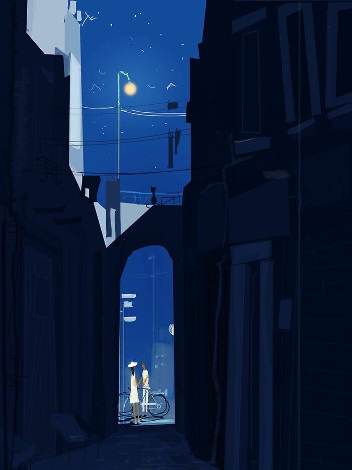 Nighttime city alley with a softly lit streetlamp, a cat perched above, and two people talking by a bicycle.