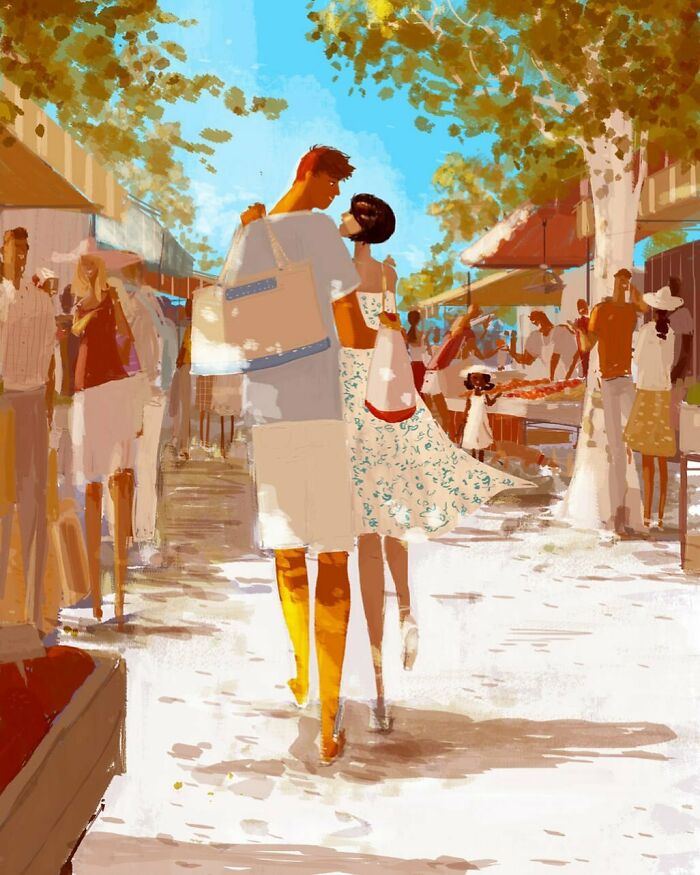 Couple walking through a vibrant market scene, artwork showcasing how an artist transforms everyday moments into something extraordinary.