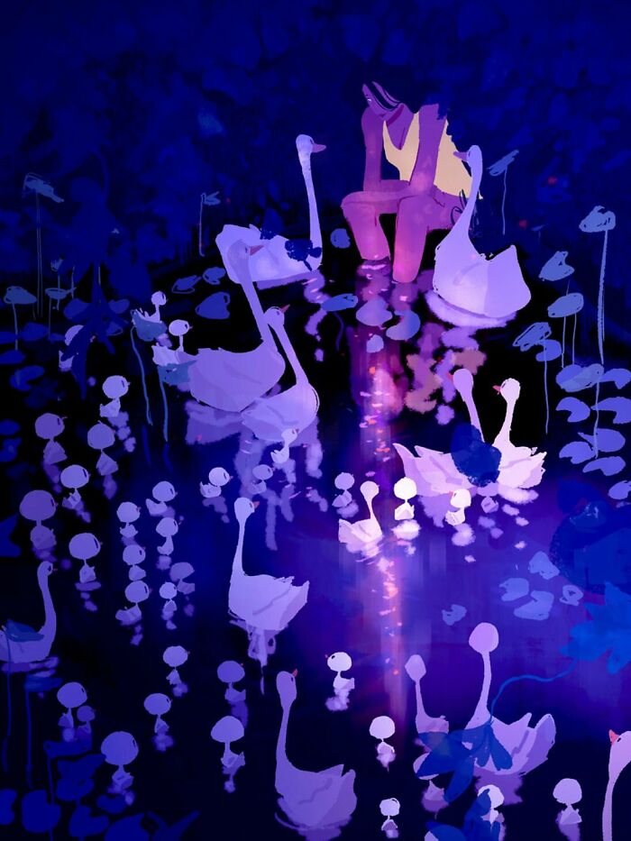 Digital artwork showing swans and a person by a glowing pond, illustrating how the artist transforms the everyday into extraordinary.