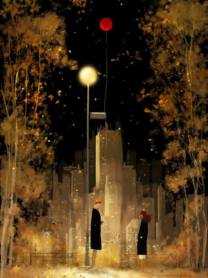 Digital art showing an everyday city scene transformed into something quietly extraordinary with warm autumn hues.