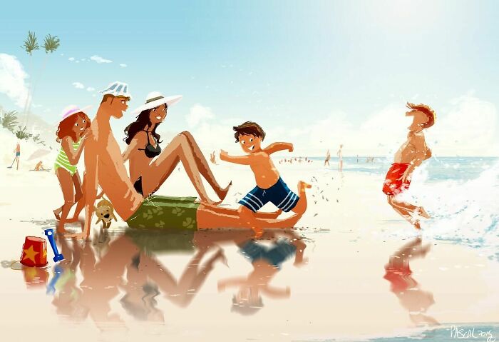 Family enjoying a sunny beach day, with children playing and adults relaxing, capturing everyday moments transformed quietly.