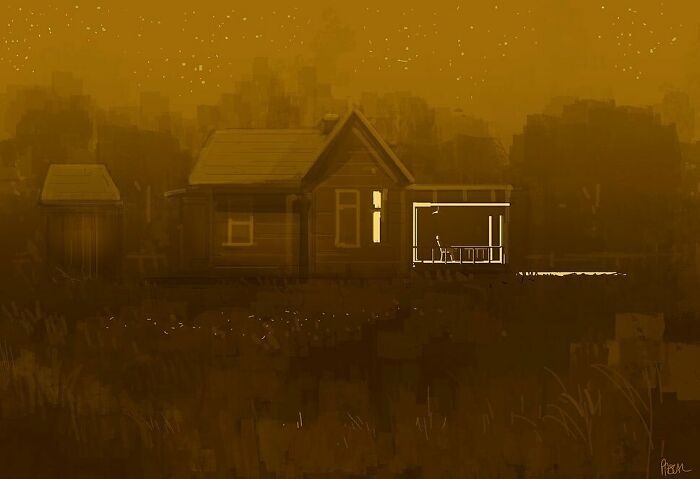 Digital artwork of a quiet house at dusk, capturing everyday scenes transformed into something quietly extraordinary.