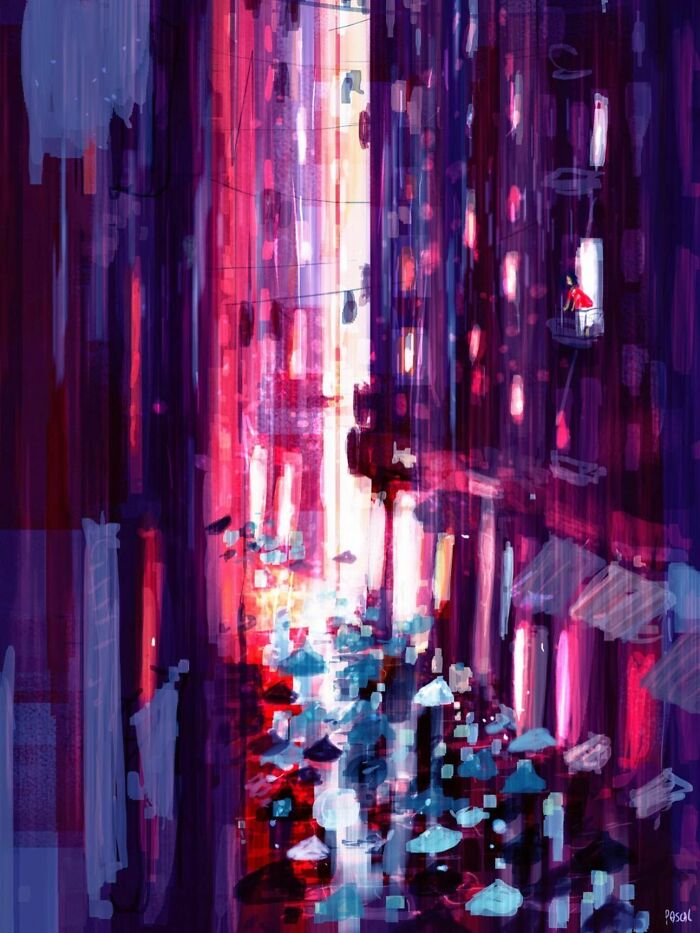 Abstract digital artwork showing a vibrant city scene with bright lights and umbrellas, transforming the everyday into extraordinary.