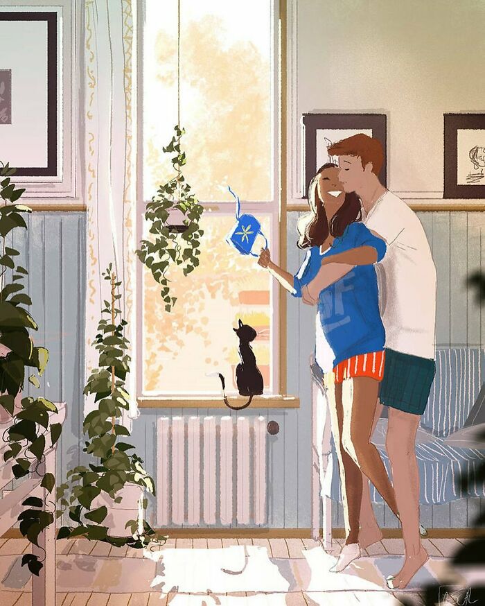 A cozy scene of everyday life transformed by an artist, showing a couple and a cat in a sunlit room with plants.
