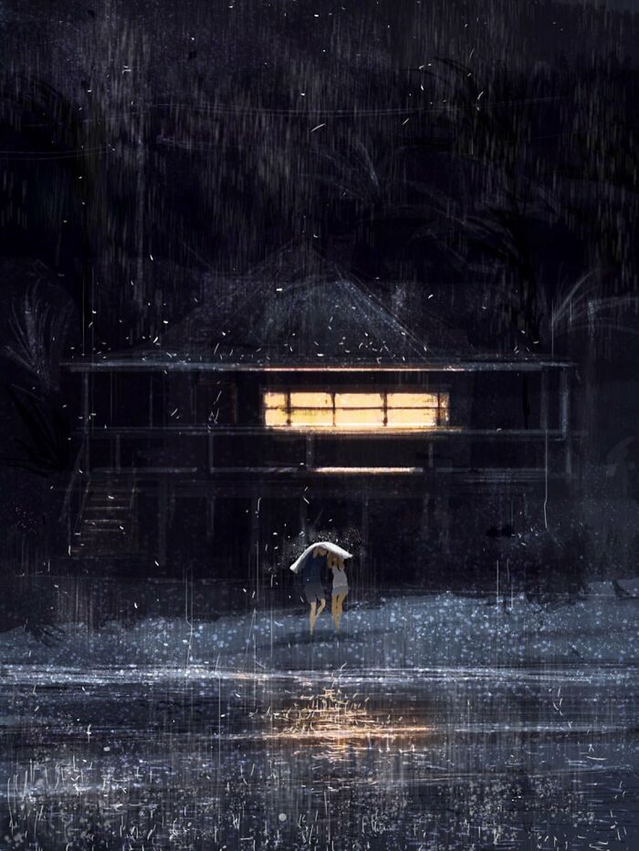 Couple walking in heavy rain toward a lit house, showcasing artist's transformation of the everyday into something quietly extraordinary.