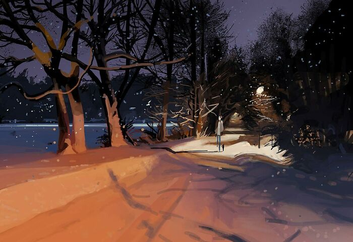 Artwork depicting a quiet winter night with a solitary figure walking, transforming the everyday into something extraordinary.