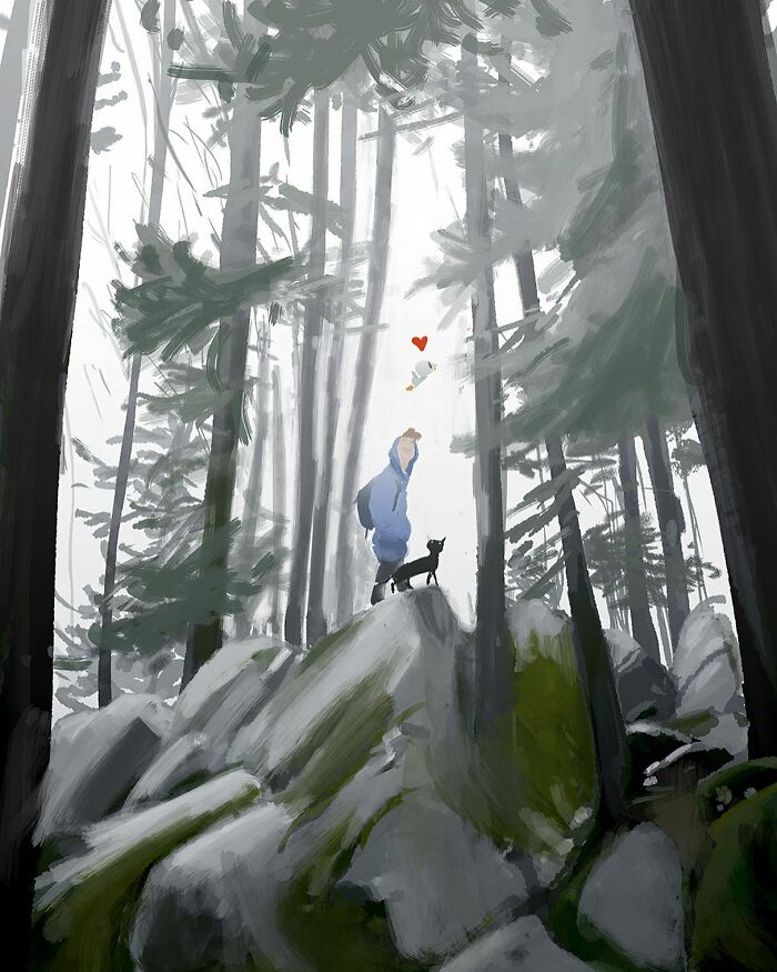 Person in a blue coat standing on rocks in a forest with a black dog and a small bird with a heart above it, artistic scene.