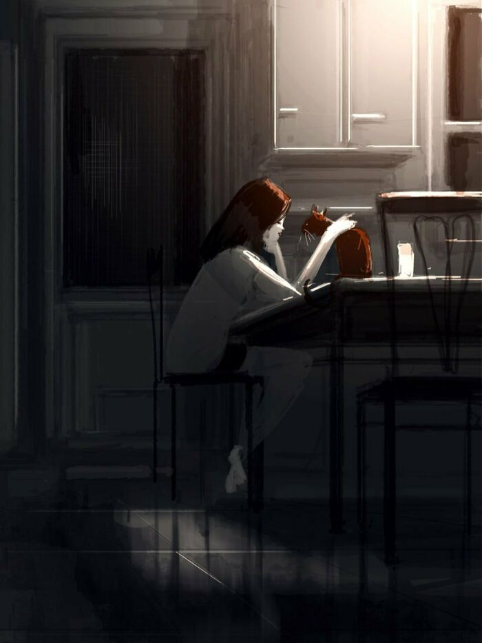 Woman in dimly lit room quietly interacting with her cat, transforming an everyday moment into something quietly extraordinary.