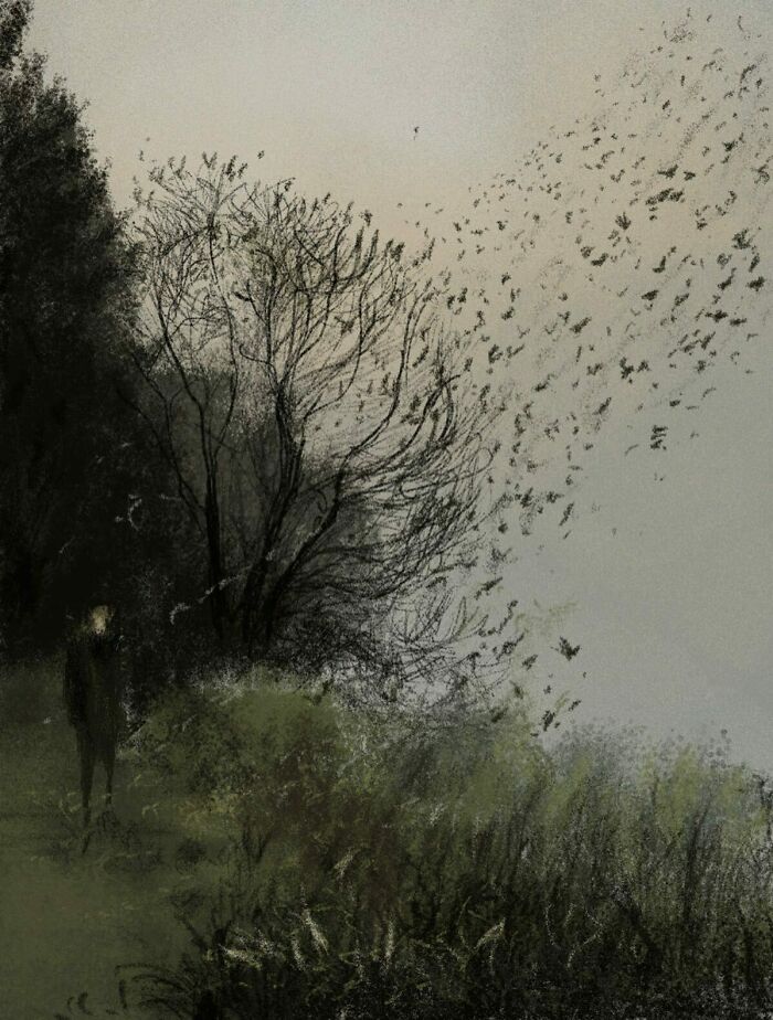 Artist's impression of a figure walking near trees with birds transforming the everyday into something extraordinary.