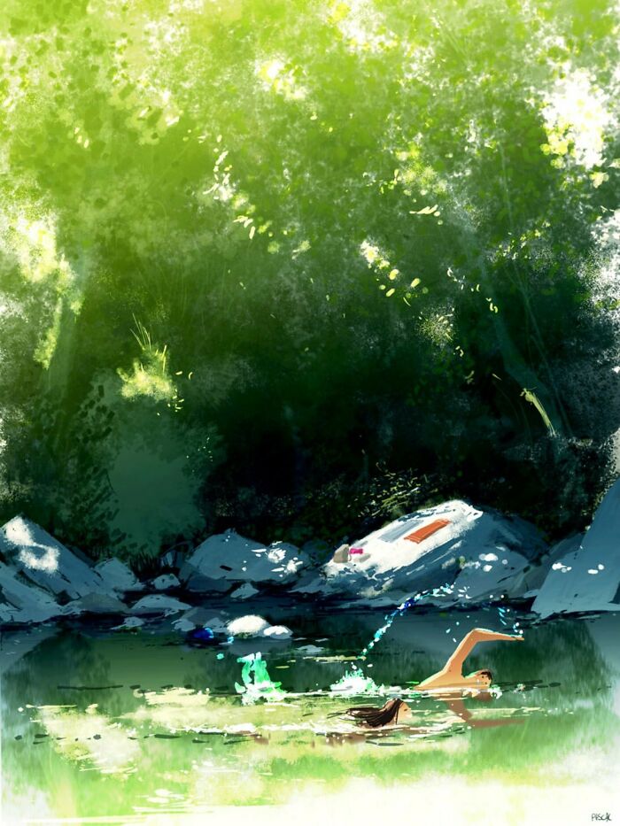 Digital painting showing an artist transforming the everyday scene of two swimmers in a sunlit forest pond.