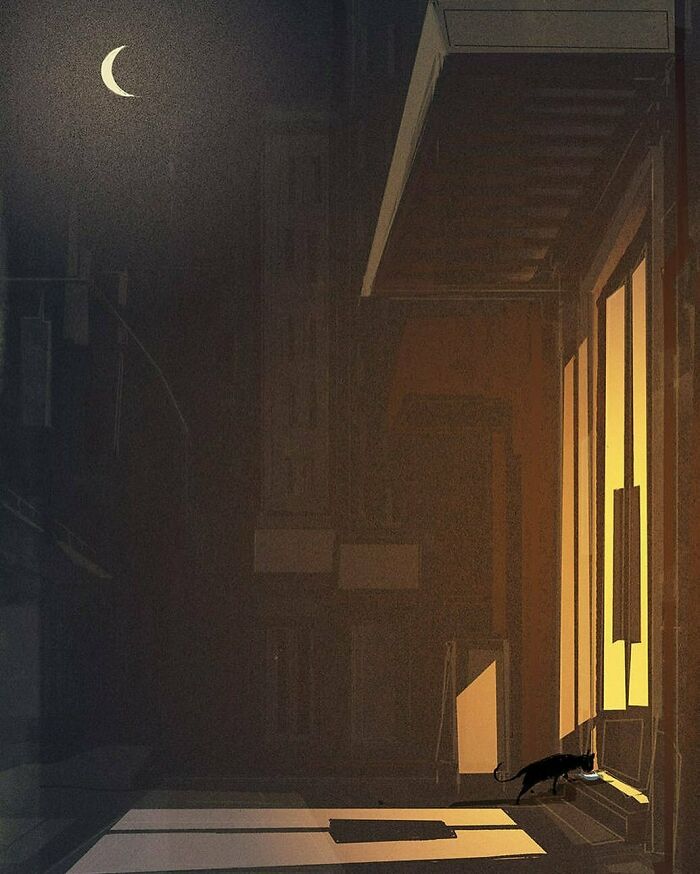 Nighttime street scene with a cat beside a warmly lit window, showcasing artist's transformation of the everyday into extraordinary.