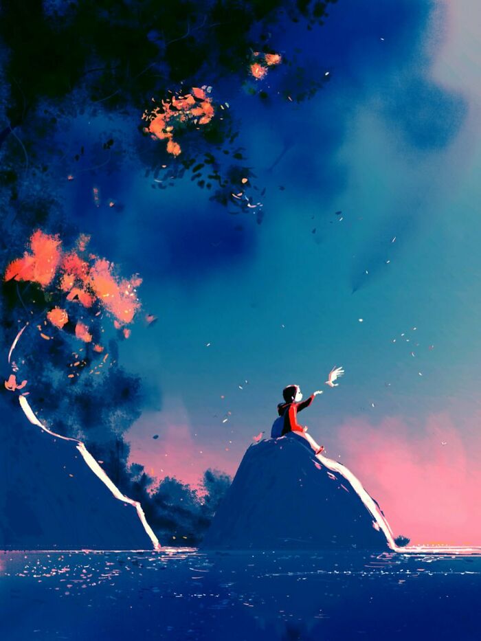 Digital art showing how an artist transforms the everyday scene of a child releasing a bird at sunset.