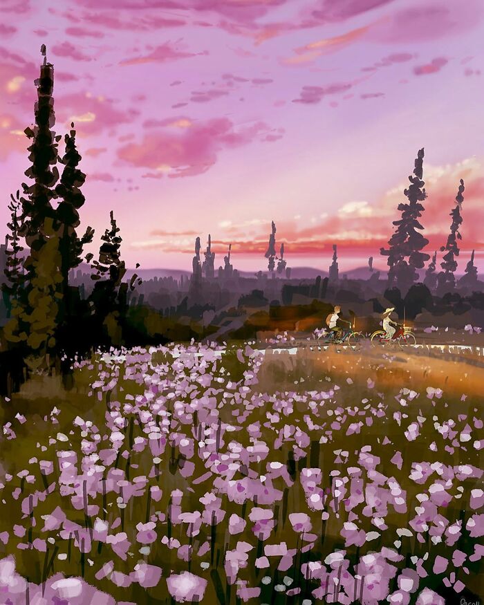 A serene digital artwork showing an artist transforming everyday life with two figures cycling through a flower field at sunset.