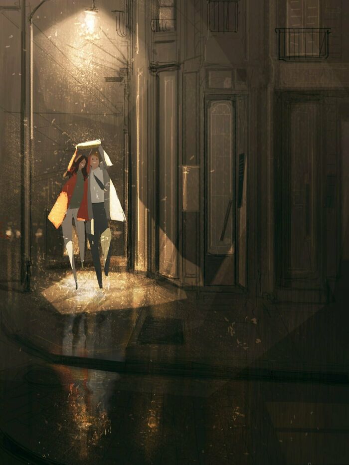 Two people walking in the rain under a shared umbrella, captured in an artist’s transformative everyday scene.