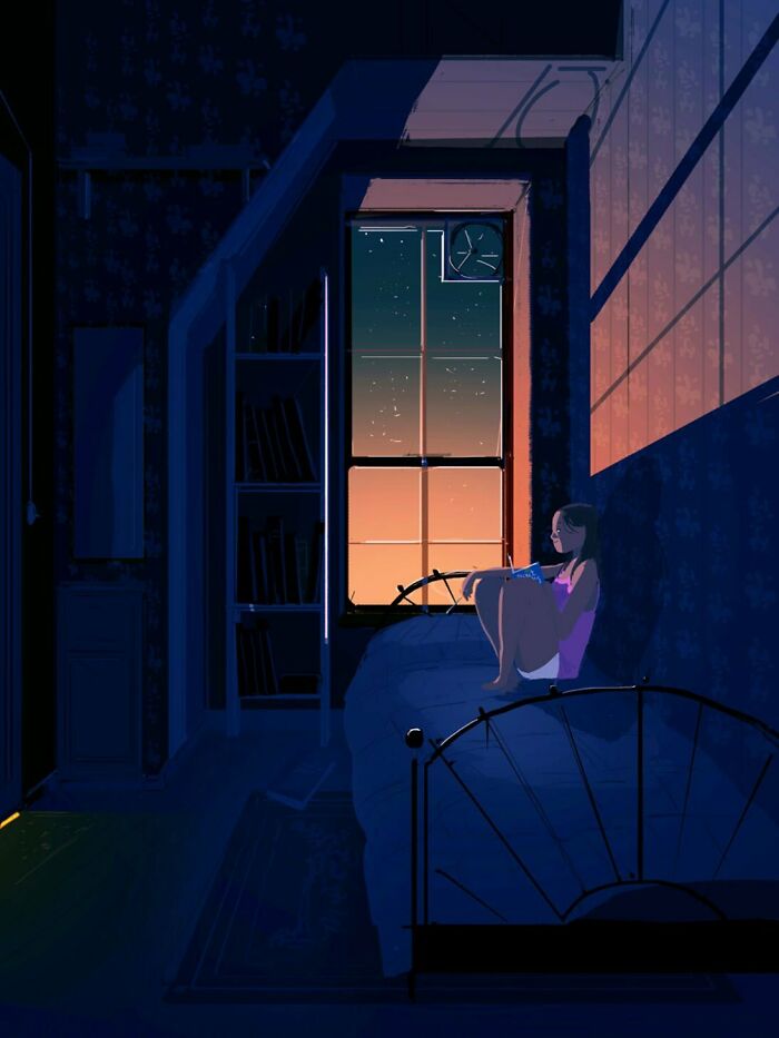 Digital artwork of a girl reading quietly on a bed at dusk, transforming the everyday into something extraordinary.