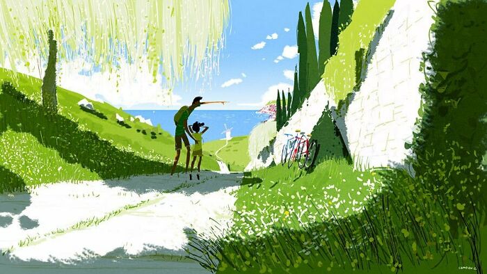 Digital painting showing an artist transforming the everyday scene of two people by a sunlit path into something quietly extraordinary.