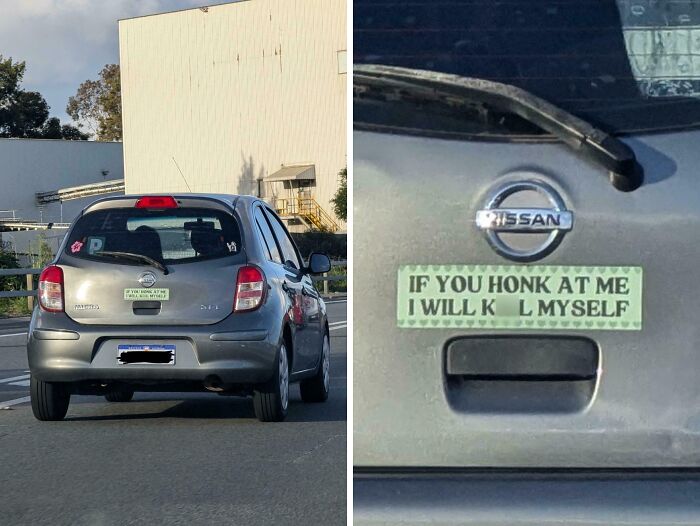 Car with a humorous bumper sticker warning about honking, illustrating funny bumper stickers spotted on the road by drivers.