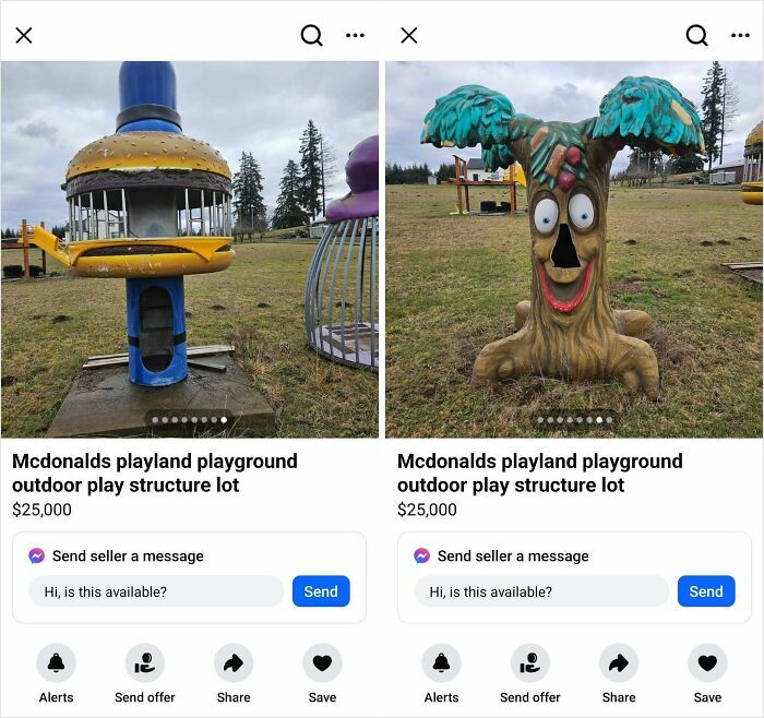 Two bizarre McDonalds playland playground structures for sale outdoors, listed as unusual things sold online.