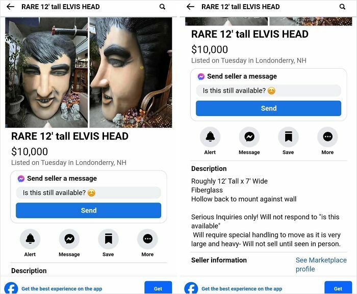 Screenshot of an online listing for a rare 12-foot tall Elvis head sculpture, an unhinged item for sale online.