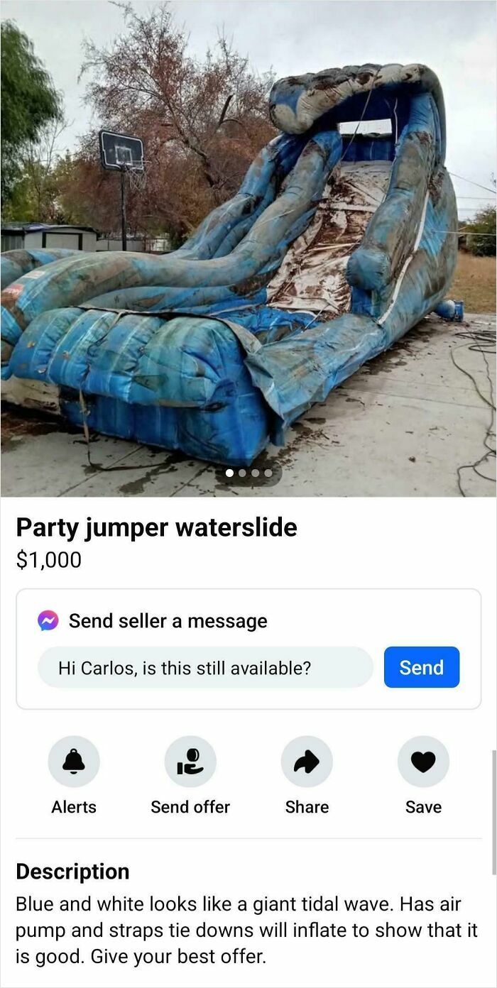 Worn inflatable waterslide for sale in a yard, showing dirt and damage in an unhinged online selling listing.