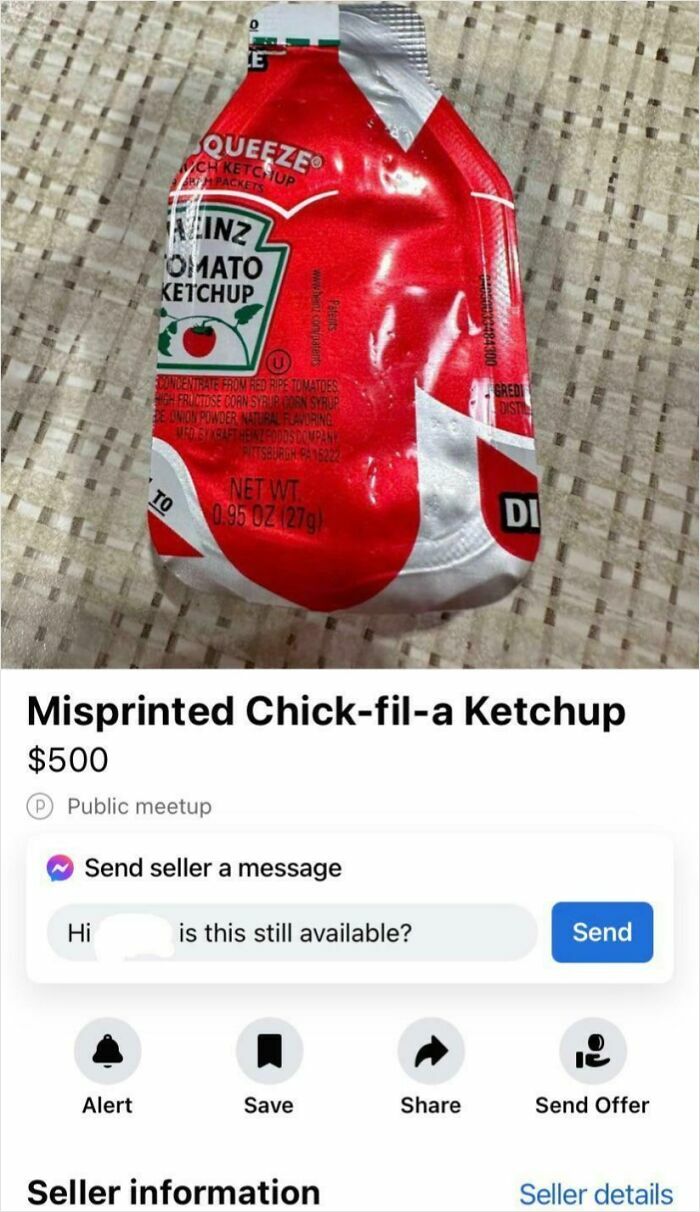 Misprinted ketchup packet mistakenly labeled Chick-fil-a for sale online in an unhinged item listing.