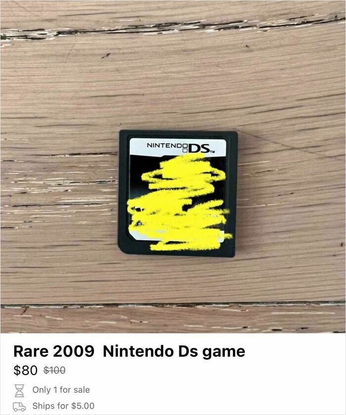 Rare 2009 Nintendo DS game cartridge listed for sale online among unhinged things sold on the internet.