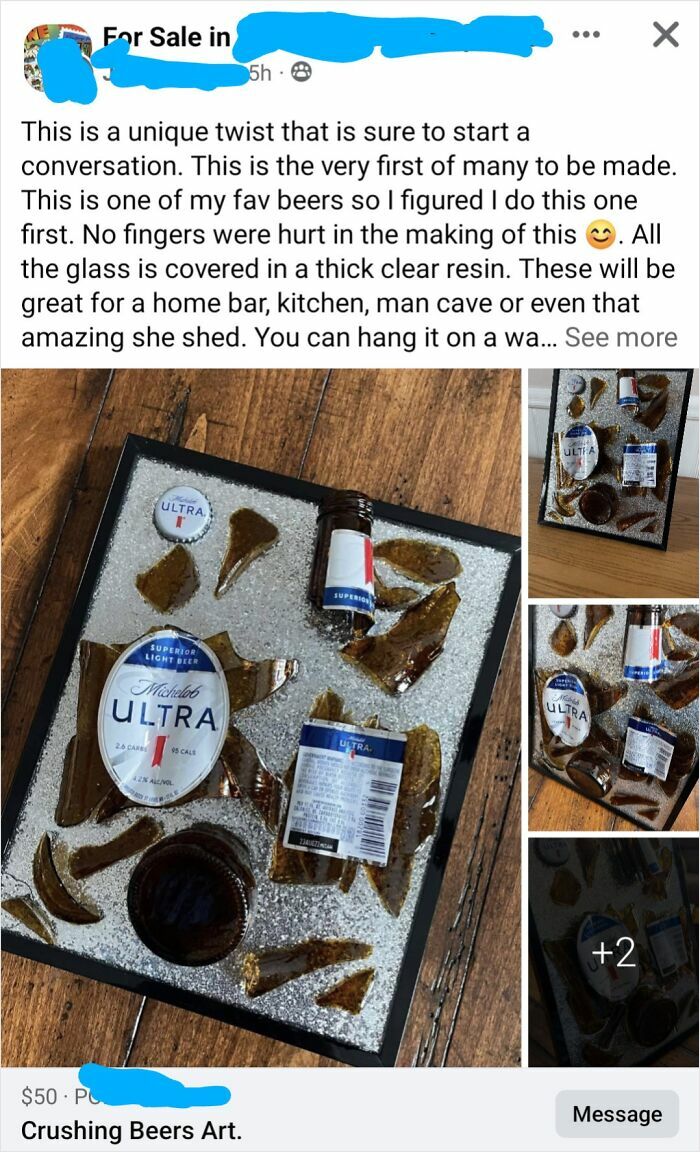 Unhinged online selling example showing shattered Michelob Ultra beer bottle art encased in clear resin for home decor.