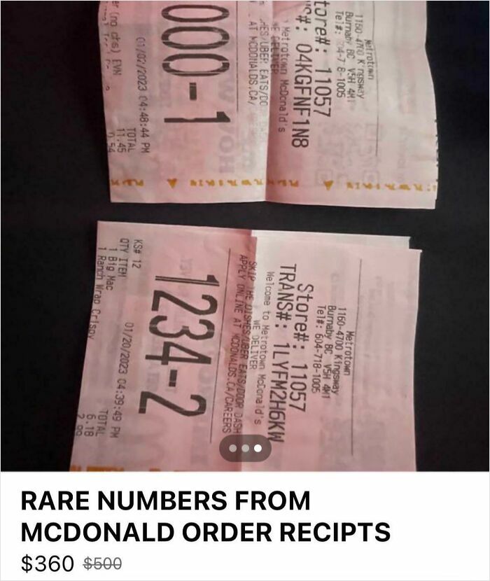 Two McDonald order receipts with rare numbers displayed, an example of unhinged things people thought they could sell online.