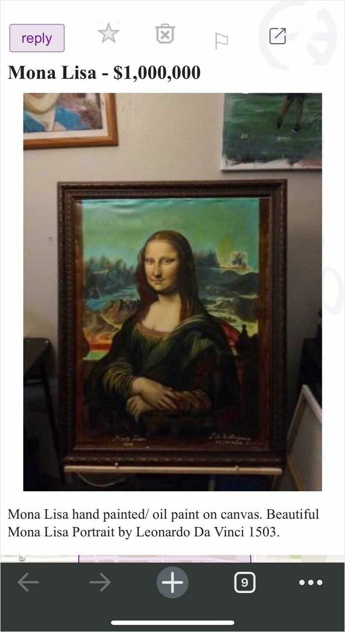 Framed Mona Lisa replica painting offered for sale online as part of unhinged things people tried to sell online.