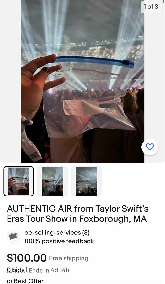 Hand holding a clear plastic bag with air from a concert, an example of unhinged things people thought they could sell online.