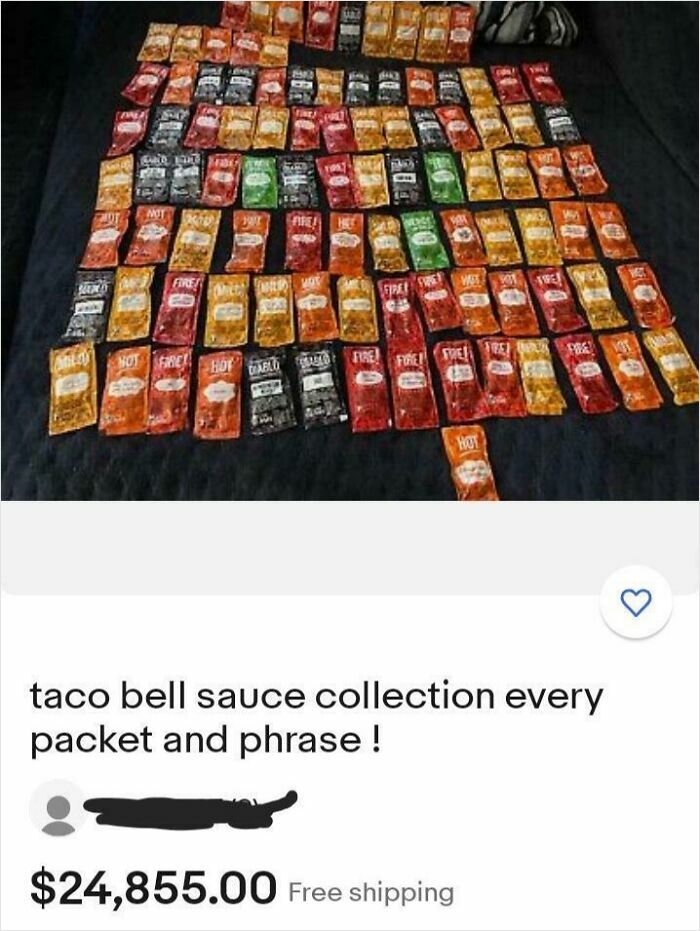 Collection of Taco Bell sauce packets displayed for sale as an unhinged item people thought they could sell online.