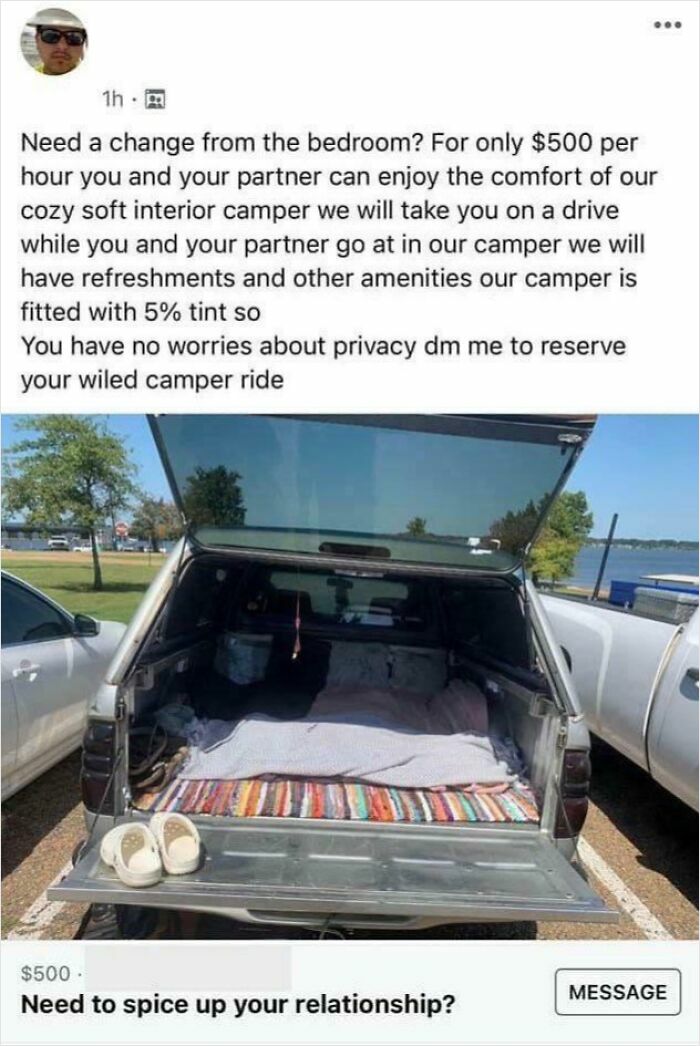 Truck camper interior setup with cozy bedding and tinted windows offered for rent in unhinged things people sell online.