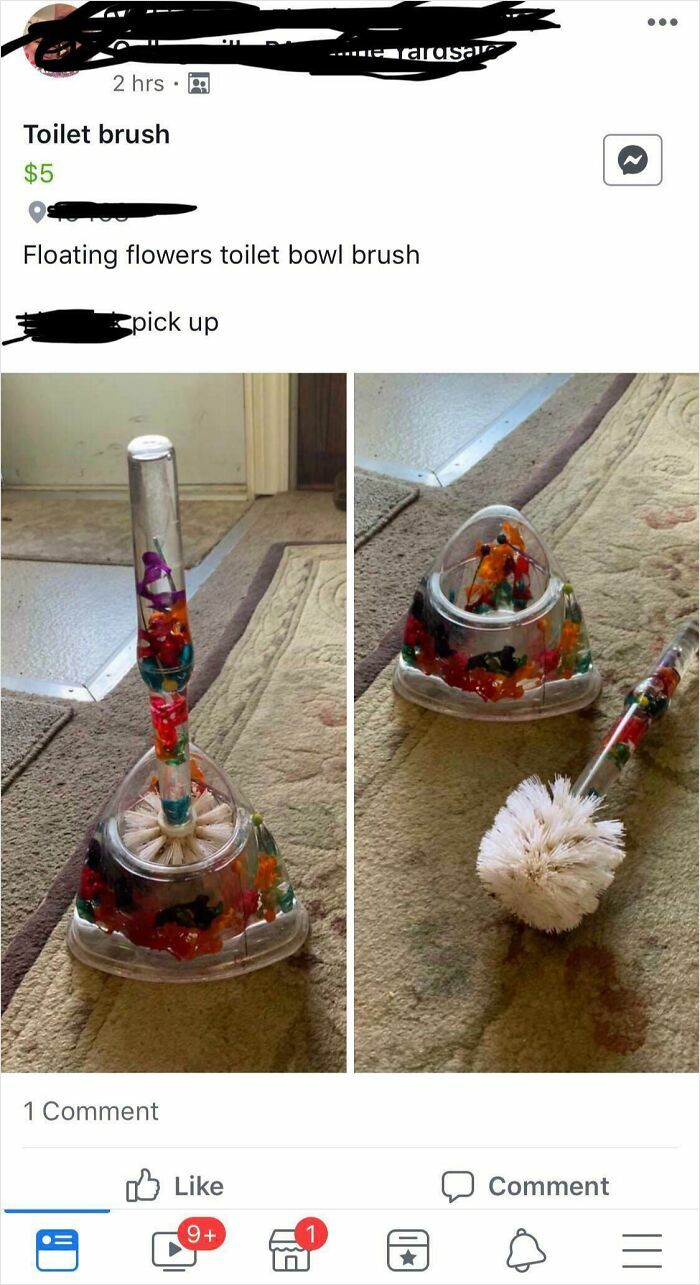 Toilet brush with colorful floating flowers in the handle and base, listed as an unusual thing to sell online.