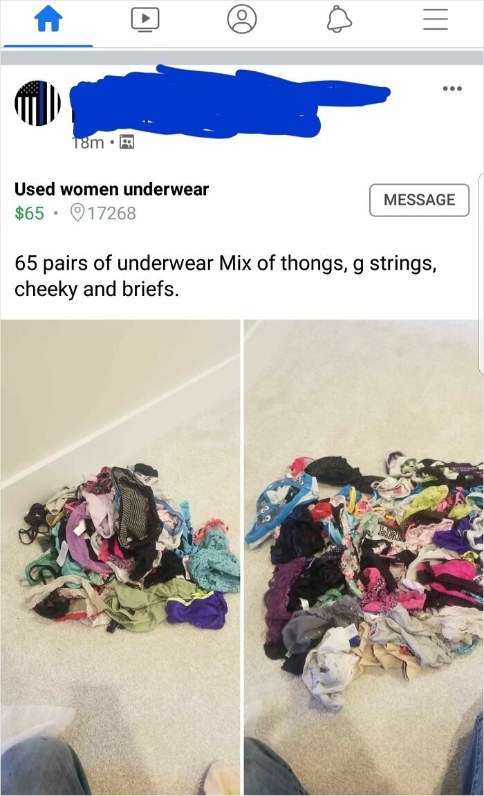 Pile of used women’s underwear displayed for sale, showcasing unhinged things people thought they could sell online.