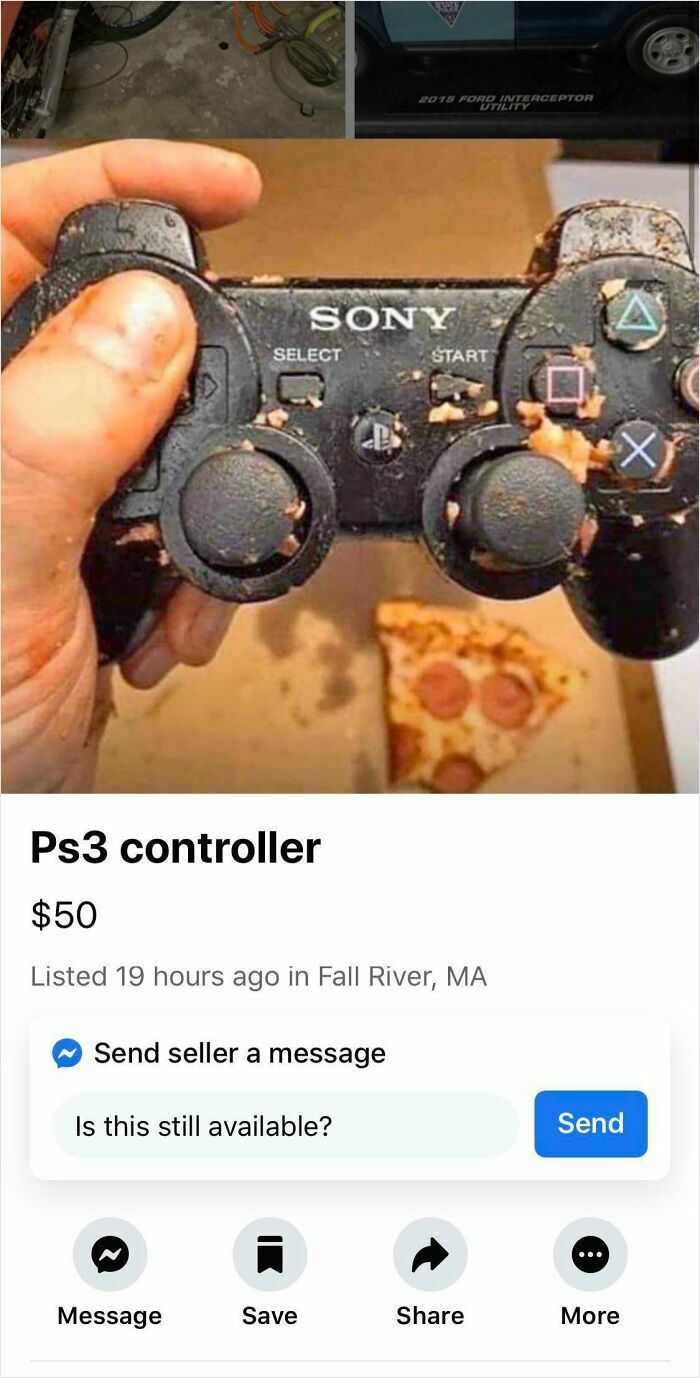 Worn and dirty PS3 controller covered in food grime, listed for sale in unhinged things people thought they could sell online.