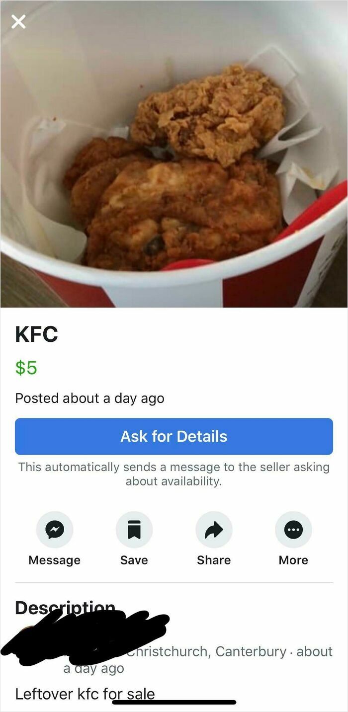 Leftover fried chicken in a bucket listed for sale online, an example of unhinged things people thought they could sell online.