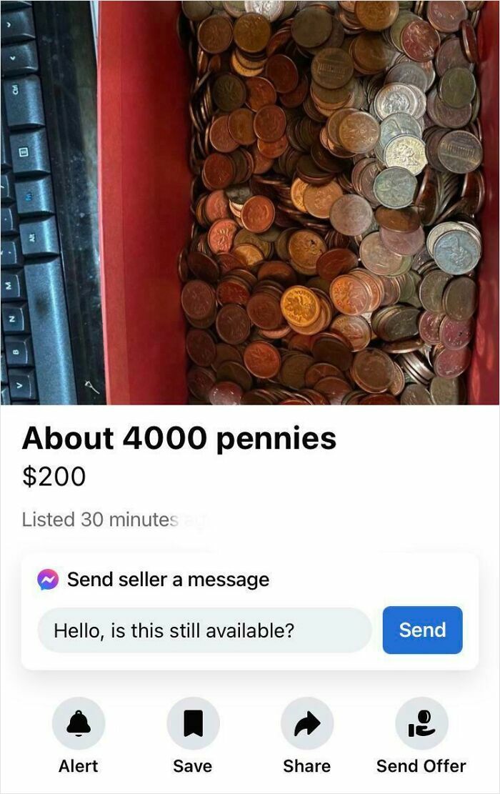 Listing of about 4000 pennies for sale online, illustrating unhinged things people thought they could sell online.