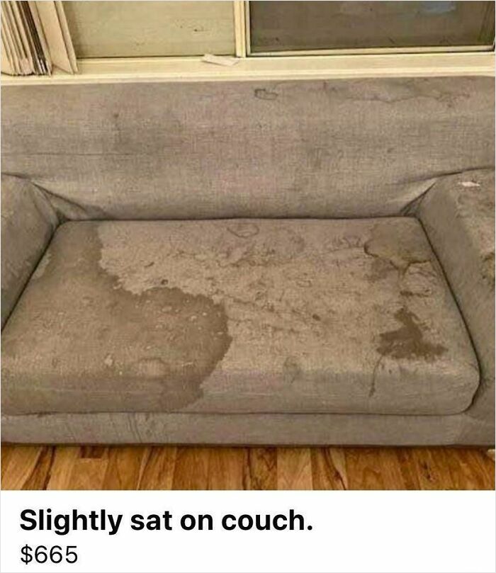 Worn and stained couch listed for sale online as part of unhinged things people thought they could sell.