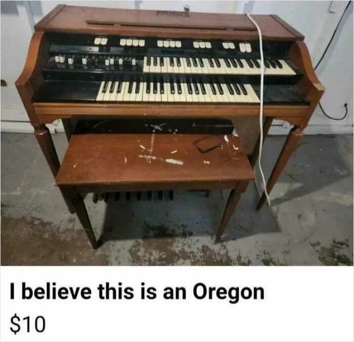 Old electronic organ with a worn bench listed for sale as an unhinged thing people thought they could sell online.