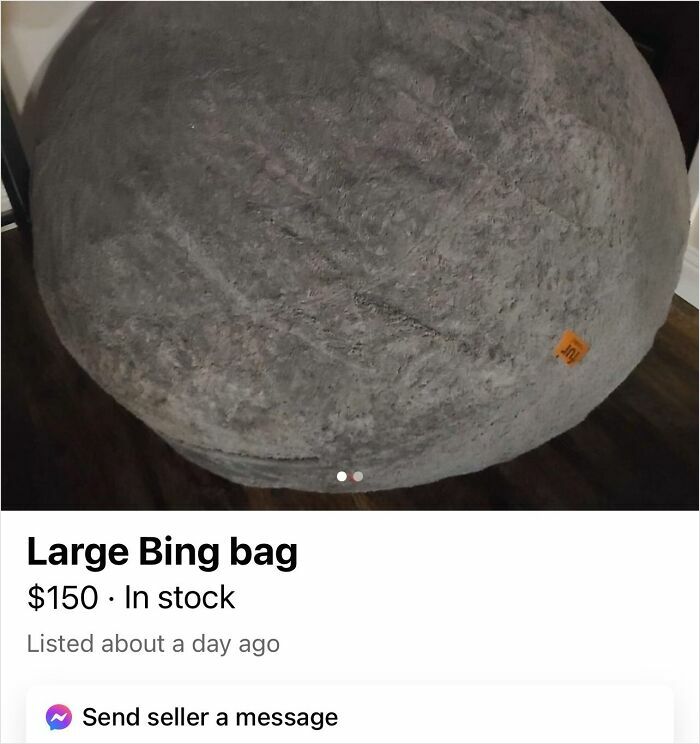 Large gray Bing bag for sale indoors on wooden floor, part of unhinged things people thought they could sell online.