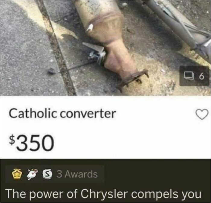 Used car catalytic converter humorously listed in a quirky online sale of unhinged things sold online.
