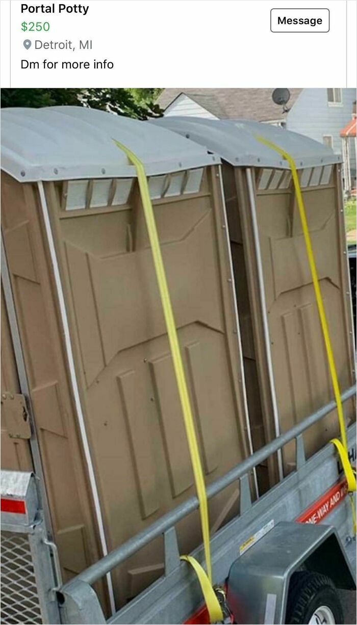 Two portable toilets strapped on a trailer parked in a residential area, showcasing unhinged things sold online.