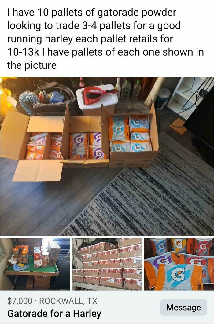 Boxes filled with pallets of Gatorade powder listed in an unusual online sale from unhinged things people tried to sell.