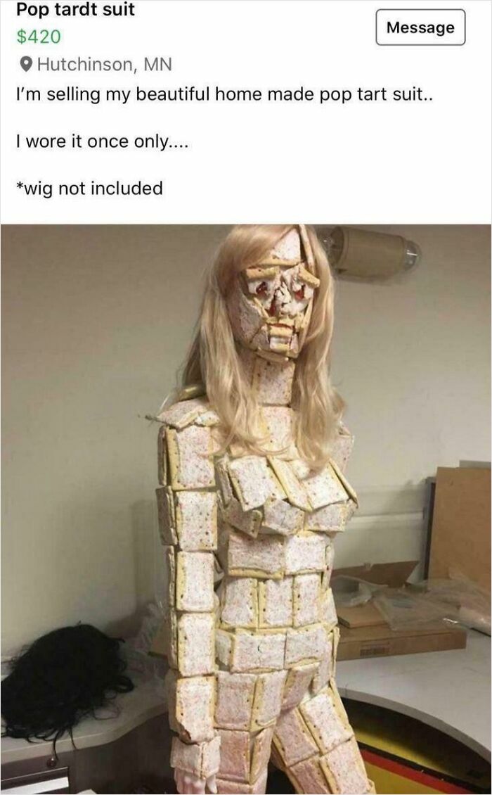 Homemade Pop Tart suit worn once, displayed on mannequin with blond wig, listed among unhinged things sold online.